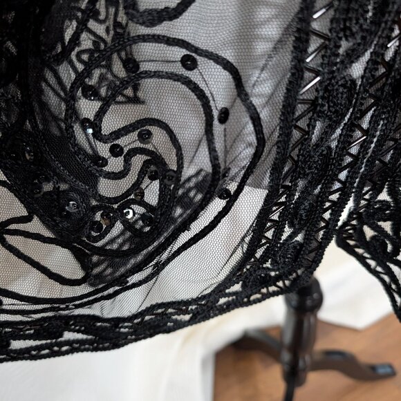 Melanie Lyne Black Sheer Embroidered Beaded Blouse Satin Collar & Cuffs Medium - Picture 9 of 13